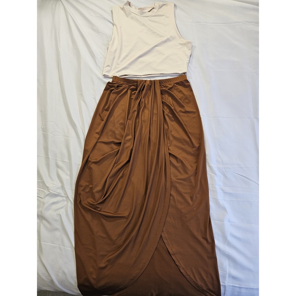 Womans Two Piece Top Is Light Beige And Skirt Is Brown Size M